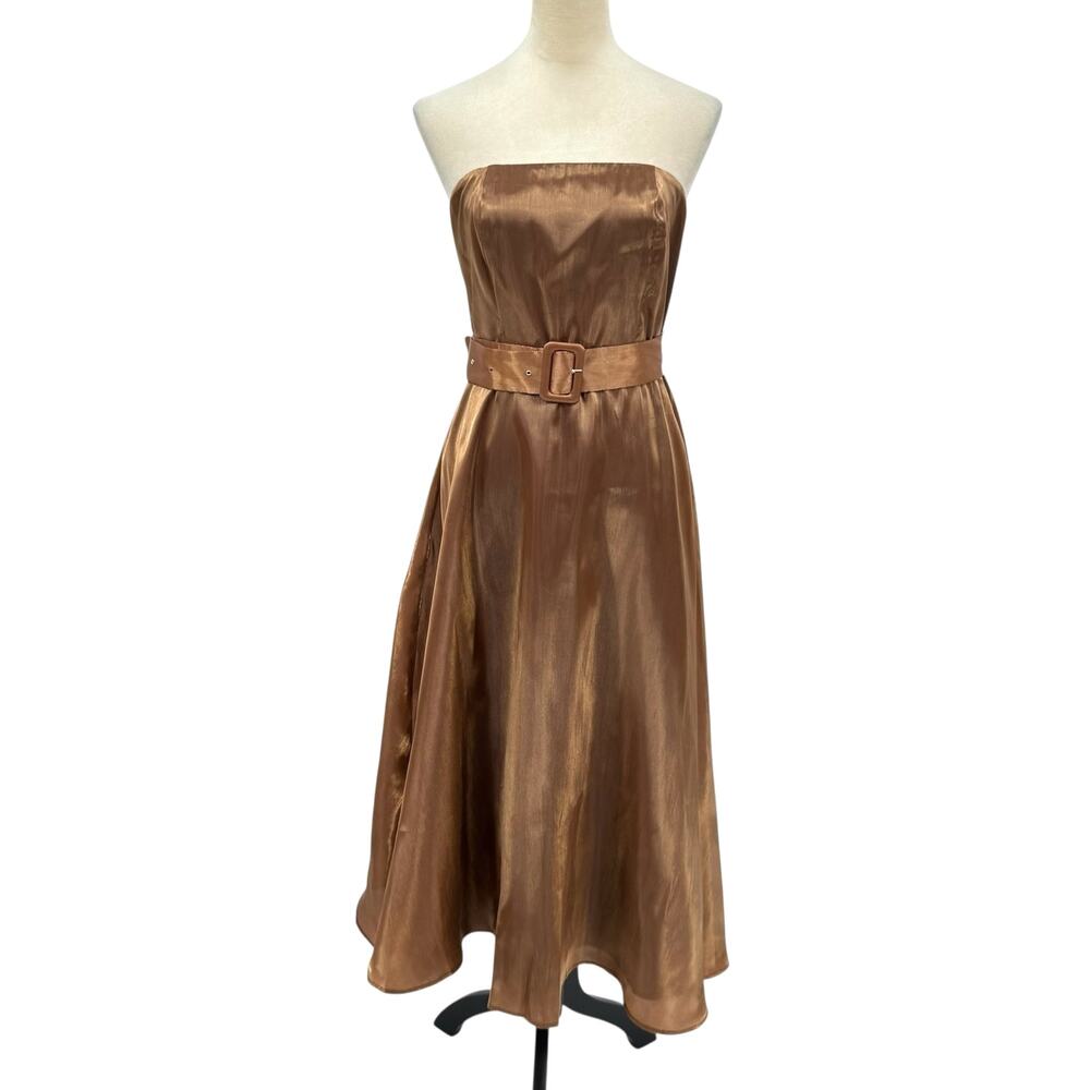 Lulu’s NWT Chicly Stunning Shiny Brown Organza Strapless Belted Midi Dress - Picture 4 of 14